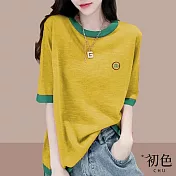 【初色】休閒圓領撞色短袖T恤上衣-共5色-69359(M-2XL可選) 2XL 黃色