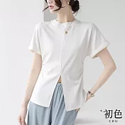 【初色】時尚簡約收腰下擺開衩純色圓領短袖T恤上衣-共2色-68874(M-2XL可選) M 白色