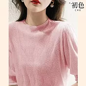 【初色】純色百搭鏤空菱格半高圓領泡泡袖五分袖短袖T恤針織衫上衣-共6色-68852(F可選) F 粉紅色