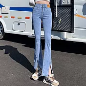 【MsMore】 微喇牛仔褲高腰顯瘦百搭彈力辣妹馬蹄喇叭長褲# 118525 M 藍色