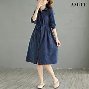 【AMIEE】緹花七分袖收腰綁帶襯衫洋裝(2色/M-2XL/KDDY-6555) L 藏青色
