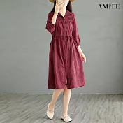 【AMIEE】緹花七分袖收腰綁帶襯衫洋裝(2色/M-2XL/KDDY-6555) L 酒紅色