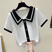【MsMore】 娃娃領短袖條紋上衣修身顯瘦假兩件polo衫短版# 118731 FREE 白色