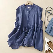 【慢。生活】棉麻簡約寬鬆拼接繫帶無袖娃娃衫 2230  FREE 藍色
