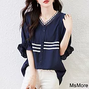 【MsMore】  V領短袖藏青色襯衫大碼寬鬆短版上衣# 118747 L 藏青色