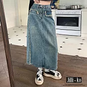 【Jilli~ko】高腰毛鬚邊拼接開衩設計感牛仔長裙 M-L J10897 M 藍色
