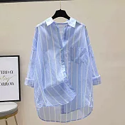 【MsMore】 豎條紋長袖薄款襯衫韓版寬鬆休閒防曬中長上衣# 118819 M 藍色