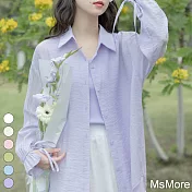 【MsMore】 雪紡蝴蝶結長袖襯衫寬鬆空調外套防曬亮麗中長上衣# 118821 M 紫色