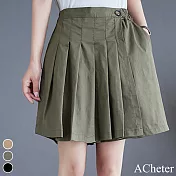 【ACheter】 簡約棉質百褶休閒寬鬆顯瘦防走光闊腿後鬆緊腰短裙褲# 119006 XL 軍綠色