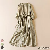 【ACheter】 苧麻感連身裙七分袖圓領休閒寬鬆版長版洋裝# 119035 L 綠色