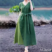 【ACheter】 綠色V領斜襟格紋拼接復古文藝短袖棉麻連身裙長版洋裝# 119052 L 綠色