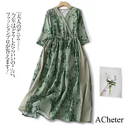 【ACheter】 復古文藝印花拼接連身裙寬鬆顯瘦V領國風七分袖長裙洋裝# 119053 L 綠色