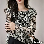 【MsMore】 水墨印花兩種穿法女王長袖寬鬆短版上衣# 118971 M 黑色