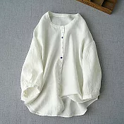 【ACheter】 圓領寬鬆水洗亞九分袖襯衫日系純色舒適文藝短版上衣# 119022 M 白色
