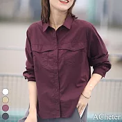 【ACheter】 文藝休閒棉純色長袖襯衫寬鬆短版上衣# 119027 M 深紫色