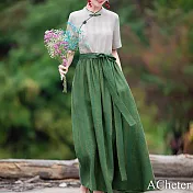 【ACheter】 民族風條紋印花連身裙改良旗袍文藝撞色長裙短袖洋裝# 119049 L 綠色