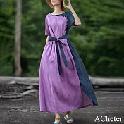 【ACheter】 民族風棉麻連身裙文藝復古個性拼接短袖長裙洋裝# 119054 L 紫色