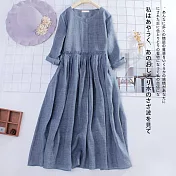 【慢。生活】側抽繩高腰壓褶拼接棉麻連衣裙 6619  FREE 藍色