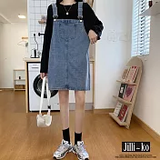 【Jilli~ko】大口袋簡約設計可調牛仔背帶裙 J10728  FREE 藍色