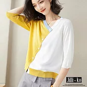 【Jilli~ko】撞色造型薄款冰絲斜邊開襟針織衫 J10287 FREE 黃色