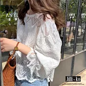 【Jilli~ko】韓版圓領精緻蕾絲鏤空寬鬆上衣 J10879 FREE 白色