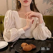 【Jilli~ko】韓國CHIC風抓褶泡泡袖方領氣質上衣 J10927 FREE 杏色