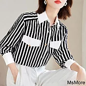 【MsMore】 OL拼接設計黑白條紋長袖襯衫短版上衣# 118707 M 條紋色