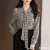 【MsMore】 法式復古氣質荷葉領格子襯衫飄帶設計感短版上衣# 118709 M 黑白色
