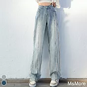 【MsMore】 高腰闊腿牛仔褲時尚顯瘦寬鬆垂感拖地直筒長褲# 118814 L 藍色