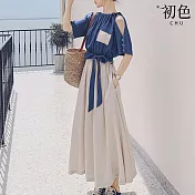【初色】時尚氣質撞色露肩假兩件收腰A字裙連衣裙長裙洋裝-共2色-68681(M-2XL可選) M 藍色