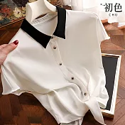 【初色】POLO領撞色拼接造型下擺仿雪紡短袖襯衫上衣-共2色-68908(M-2XL可選) XL 白色