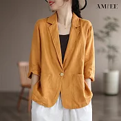 【AMIEE】輕盈棉麻七分袖西裝外套(5色/M-XL/KDCQ-1350) L 黃色