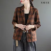 【AMIEE】文藝復古撞色格子西裝外套(3色/M-2XL/KDCQ-627) L 咖啡