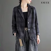 【AMIEE】文藝復古撞色格子西裝外套(3色/M-2XL/KDCQ-627) L 灰藍