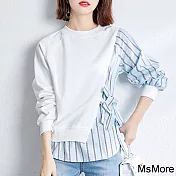【MsMore】 假兩件條紋襯衫長袖寬鬆短版造型上衣# 118713 2XL 白色