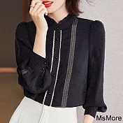 【MsMore】 法式木耳蕾絲邊小立領雙層設計長袖襯衫黑色百搭短版上衣# 118722 M 黑色