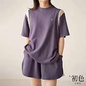【初色】圓領撞色拼接刺繡短袖T恤上衣+高腰撞色拼接寬鬆闊腿短褲套裝-共2色-69018(M-2XL可選) 2XL 紫色