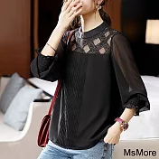 【MsMore】 時尚黑色長袖氣質蕾絲衫鏤空寬鬆短版上衣# 119118 M 黑色