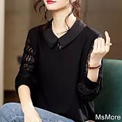 【MsMore】 黑色薄款設計感拼接蕾絲長袖上衣減齡寬鬆短版# 119310 M 黑色