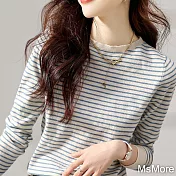 【MsMore】 韓系圓領條紋針織衫薄款顯瘦氣質寬鬆長袖內搭百搭短版上衣# 119341 FREE 條紋色