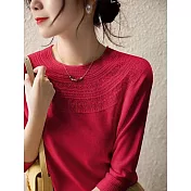 【MsMore】 法式氣質圓領鏤空冰絲針織寬鬆顯瘦七分袖短版上衣# 119344 FREE 紅色