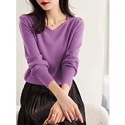 【MsMore】 長袖毛衣輕熟風氣質寬鬆內搭顯瘦V領羊絨感短版上衣# 119347 FREE 紫色