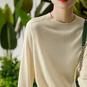 【MsMore】 美好舒適圓領寬鬆顯瘦七分袖針織衫短版上衣# 119359 FREE 杏色