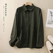 【ACheter】 復古斜紋棉質大口袋寬鬆休閒長袖襯衫外套短版上衣# 119315 XL 綠色