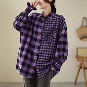【ACheter】 時尚拼接格子小荷葉裝飾長袖襯衫大碼中長款上衣# 119317 M 紫色