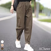 【ACheter】 棉麻感休閒褲鬆緊腰顯瘦文藝哈倫褲寬鬆長褲# 119336 M 橄欖綠色