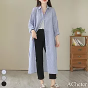 【ACheter】 日系寬鬆大碼長袖條紋棉麻感襯衫過膝長版襯衫外罩洋裝# 119373 M 藍色