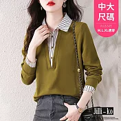 【Jilli~ko】假兩件襯衫領拼接條紋時尚上衣 J10972  FREE 黃色