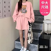 【Jilli~ko】兩件套小熊印花休閒衛衣運動套裝 J10988  FREE 粉紅色