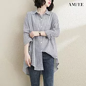【AMIEE】線條側開衩設計感襯衫(2色/M-2XL/KDTQ-6202) M 黑色條紋